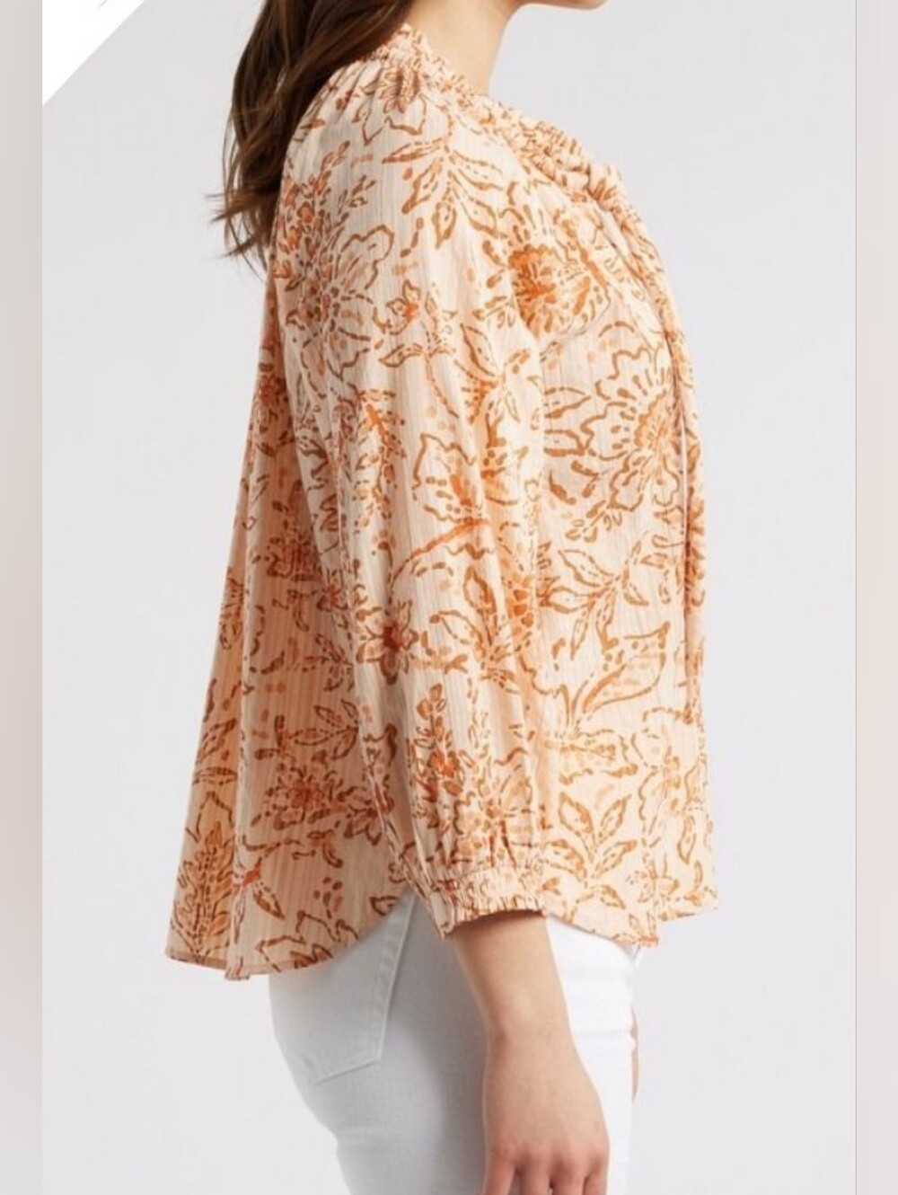 💎 Wit & Wisdom Women's Top Floral Peasant Peach Pie Clementine Multi NWT